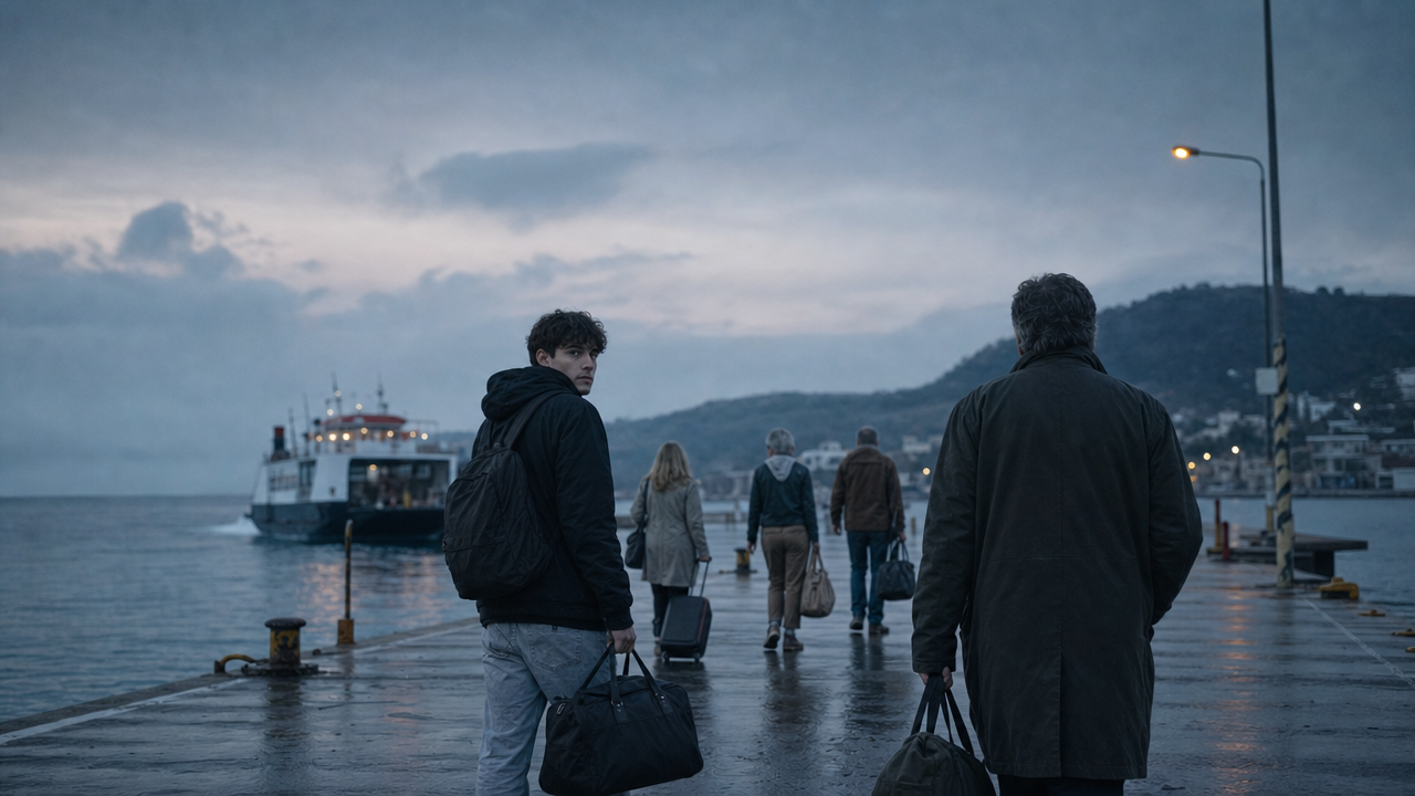 People of different ages walking toward a small ferry at dawn