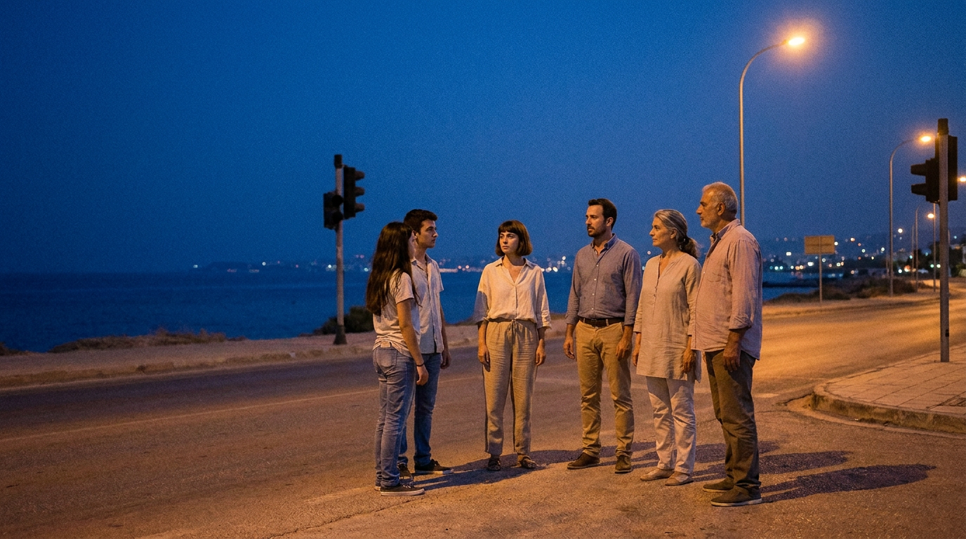 People of different ages reading a coastal crossing together at blue hour