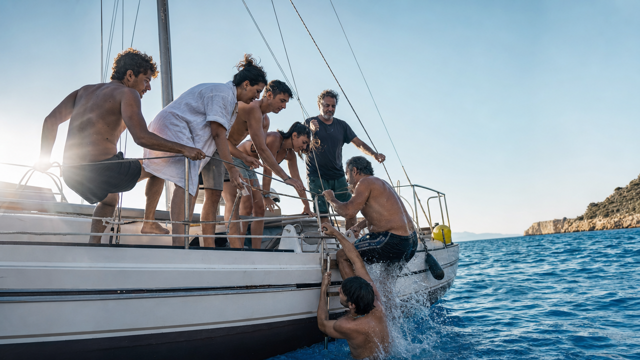 People of different ages helping one another back onto a sailboat