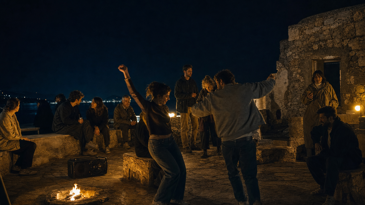 A mixed-age group talking and dancing beside a small fire at night