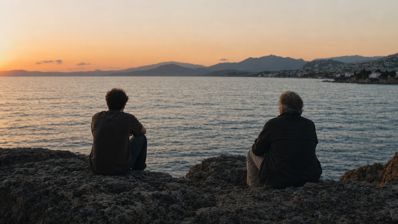 A young adult and an older adult sitting separately beside the sea in comfortable silence