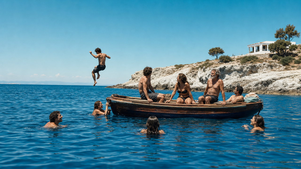A mixed-age group jumping and swimming beside a small boat off a Greek island