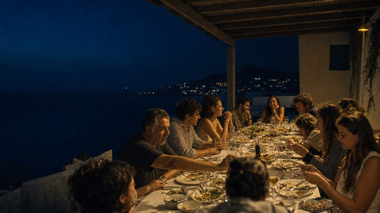 People of different ages sharing a long outdoor dinner at dusk